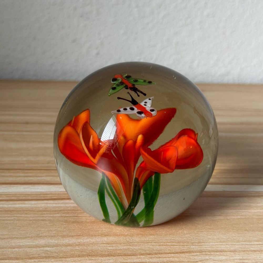 ART GLASS Paperweight Orange Flowers Butterflies Encased